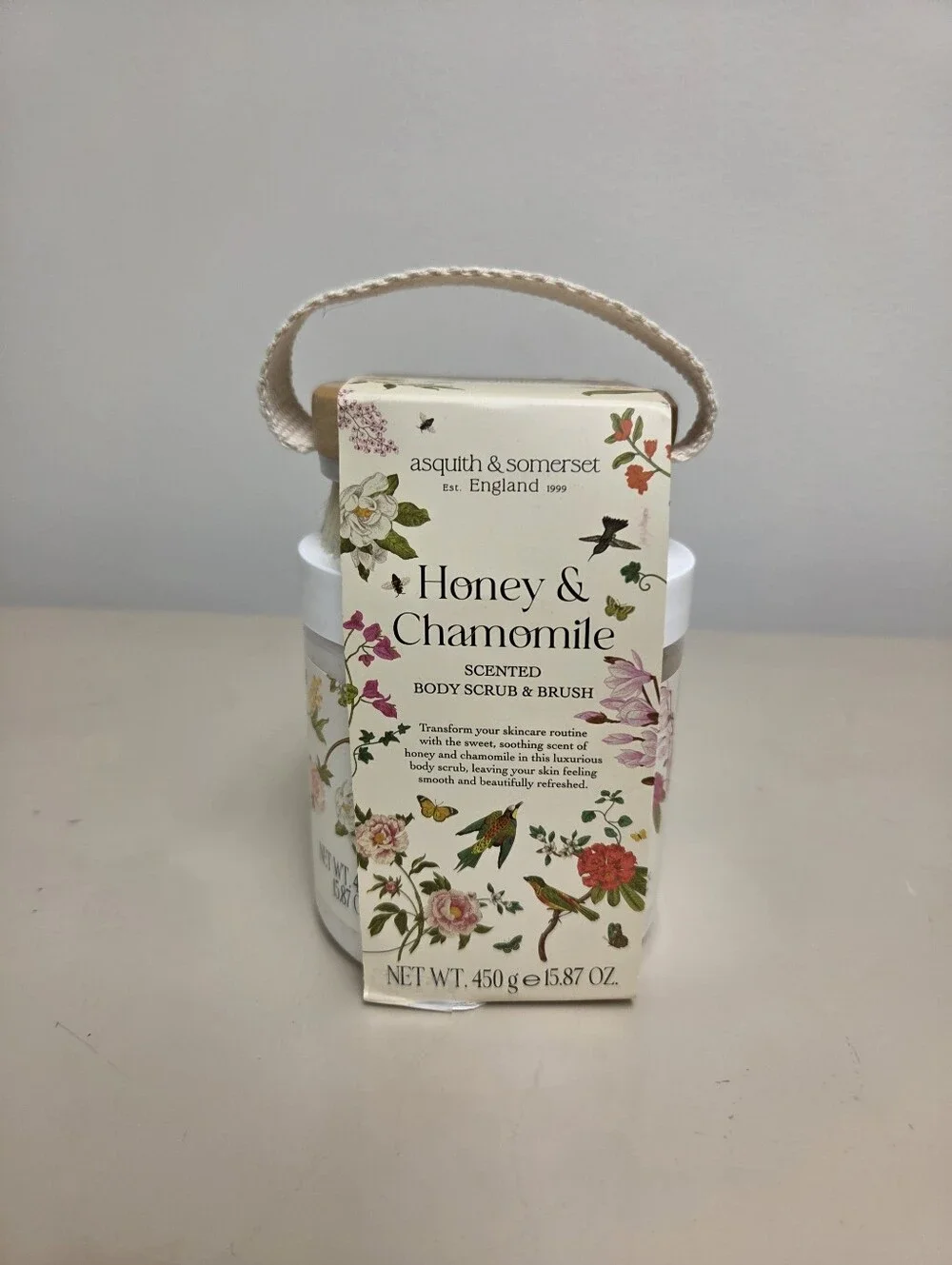 Asquith & Somerset — Honey & Chamomile Body Scrub + Exfoliating Brush—New, 15.87